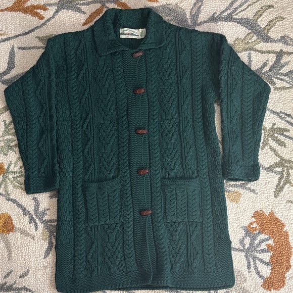 Aran Craft dark ever green knit cardigan 100% wool made in Ireland with pockets - Picture 1 of 15